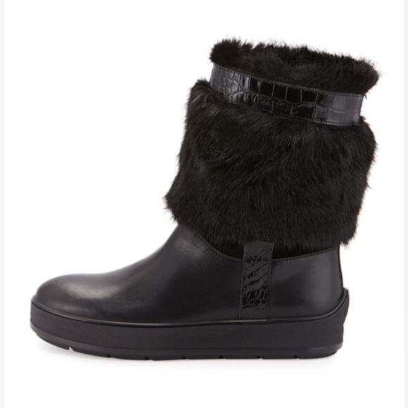 Aquatalia Kamila Black Leather Faux Fur Snow Boots Size 8‎ - Picture 1 of 13